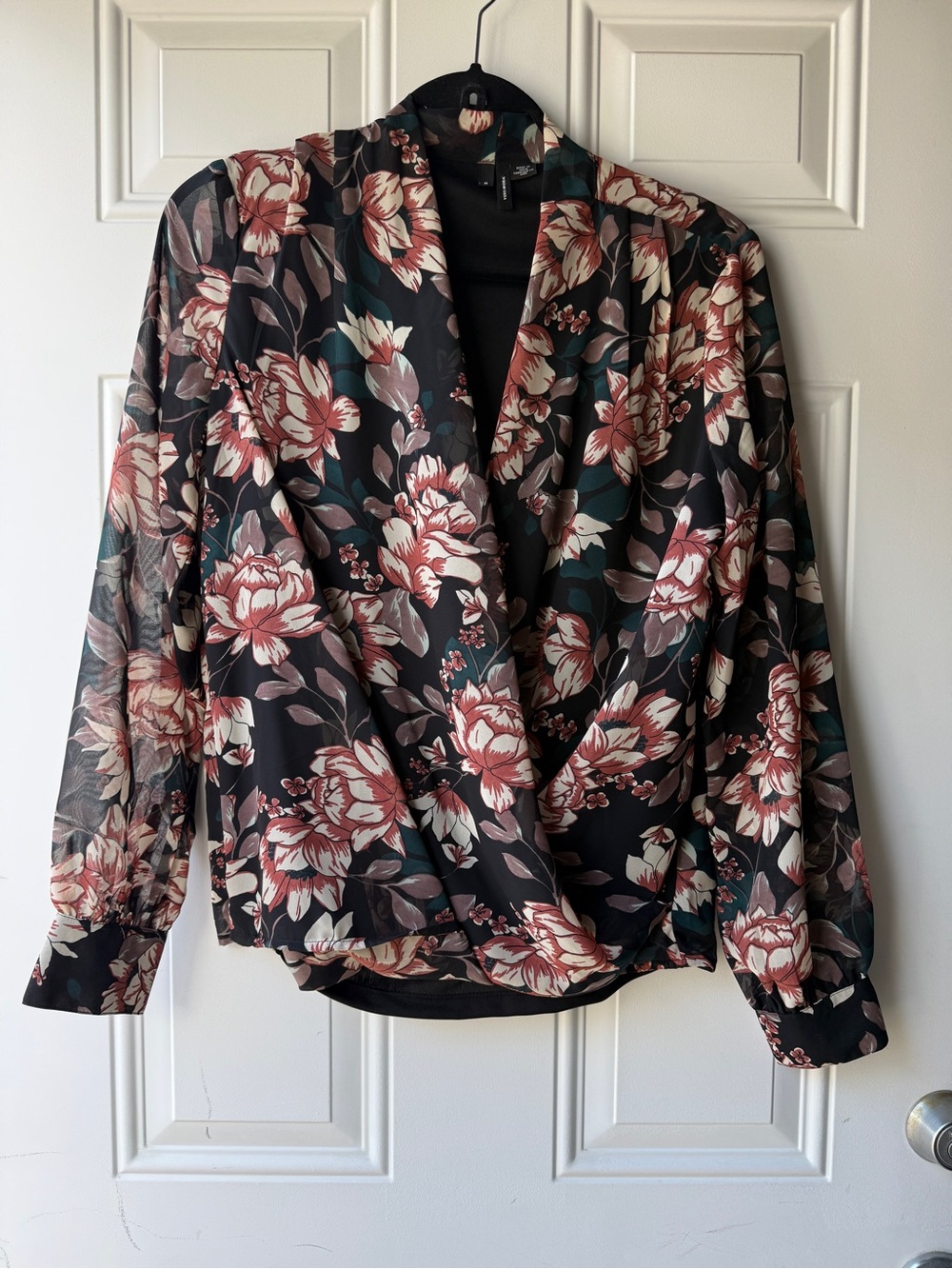Vero Moda Black Floral Wrap Blouse with Pink Blooms